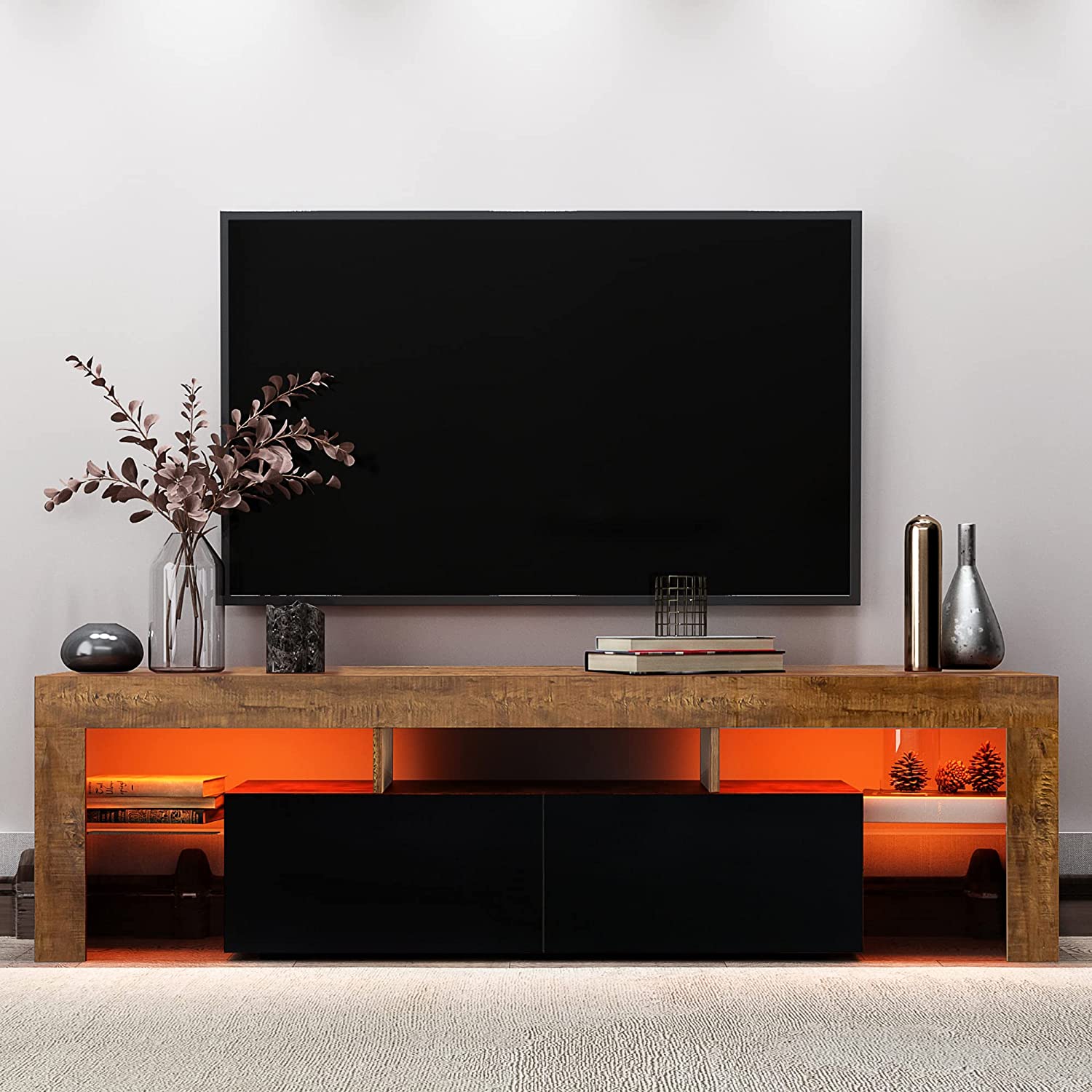 Soporte de TV LED, soportes de televisión de alto brillo, luces LED RGB, soporte de TV rústico de madera, mueble de TV para juegos para sala de estar y dormitorio