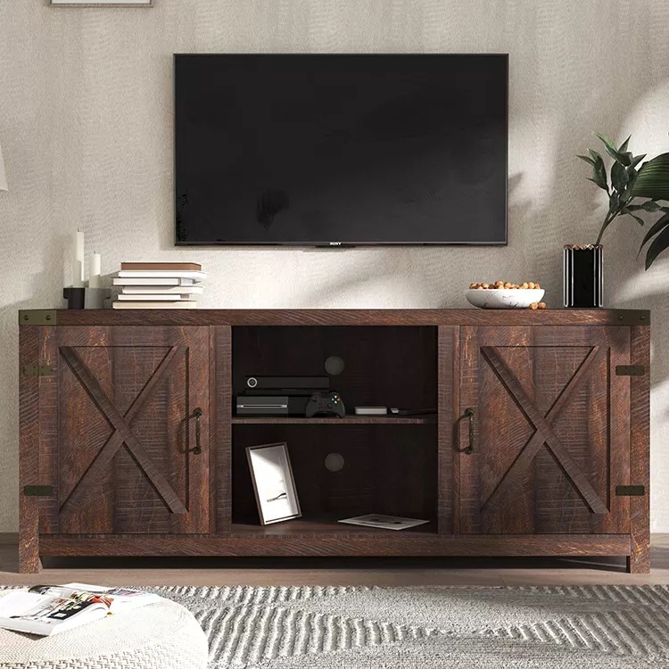 Mueble de TV rústico para entretenimiento, mueble de sala de estar, soporte de TV moderno de madera con puertas corredizas de Granero