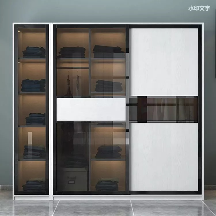 Diseños simples del guardarropa de los armarios de perfil deslizantes del sistema europeo de la esquina de madera de vidrio de 3 puertas