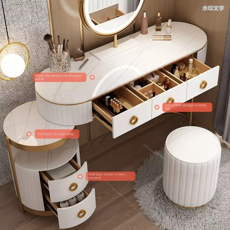 Tocador de dormitorio de lujo con luz nórdica, armario de almacenamiento minimalista moderno, mesa de maquillaje minimalista integrada